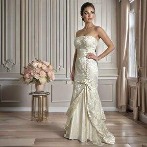 Masquerade Y2K Vtg Lace Up Corset Strapless Brocade Chiffon Formal Wedding Dress
